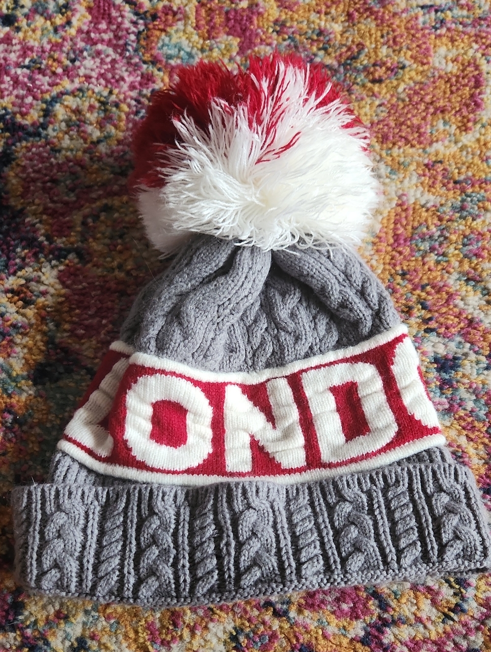 Robin Ruth London - Gray and Red Pom Pom Beanie Hat